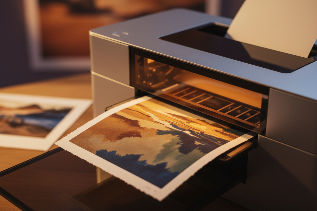 Modern photo printer printing a fine art print on photo paper
