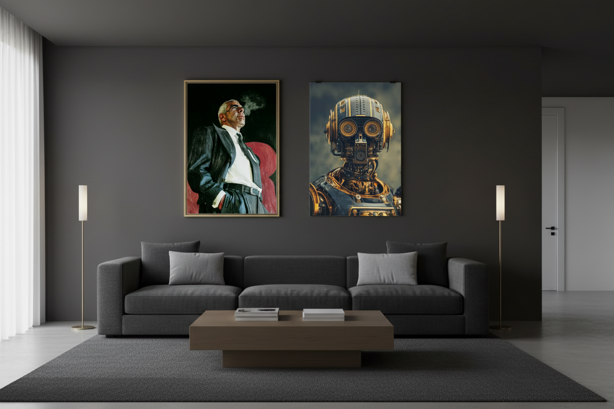 Modern minimalist living room with dark interior featuring two wall art posters — a framed gold-bordered portrait of a man in a suit and an unframed blue and gold android print.