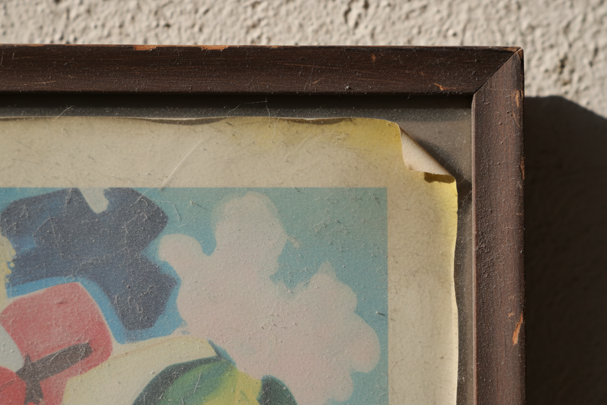 Close-up of a neglected art poster showing yellowing edges, faded colors, and dust on the frame