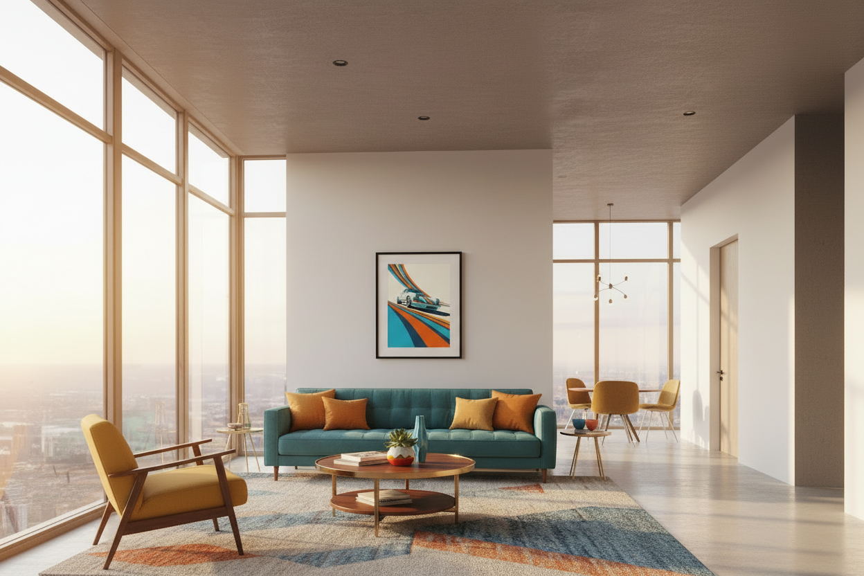 Framed retro Porsche 911 art poster on a living room wall with colorful decor and warm sunset light