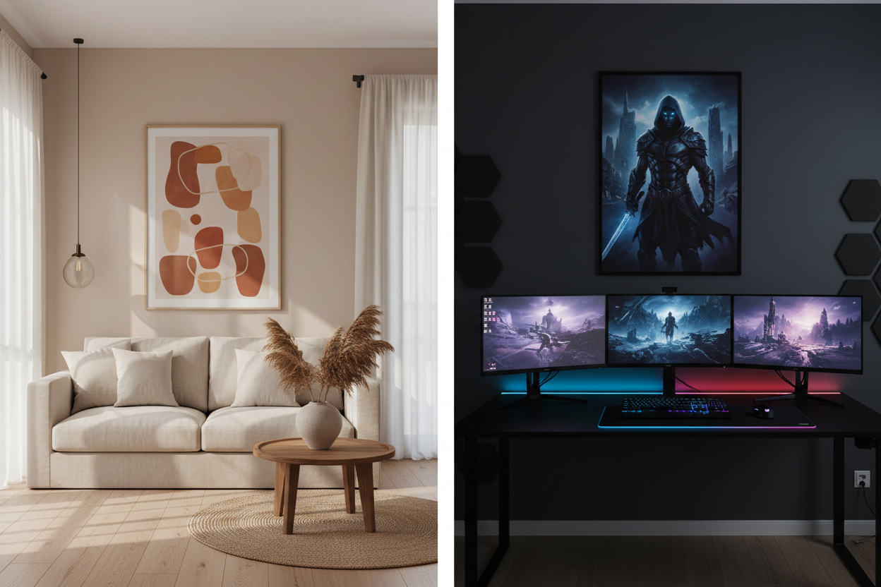 Split image showing two interior styles: a minimalist living room with a warm-toned framed art poster on the left, and a dark modern gaming desk setup with a video game character poster on the right