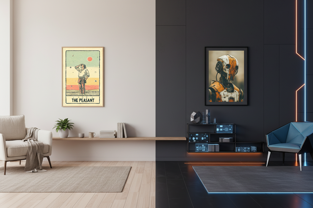 Split wall decor: minimalist room with The Peasant vintage poster on the left, futuristic room with sci-fi robot poster on the right