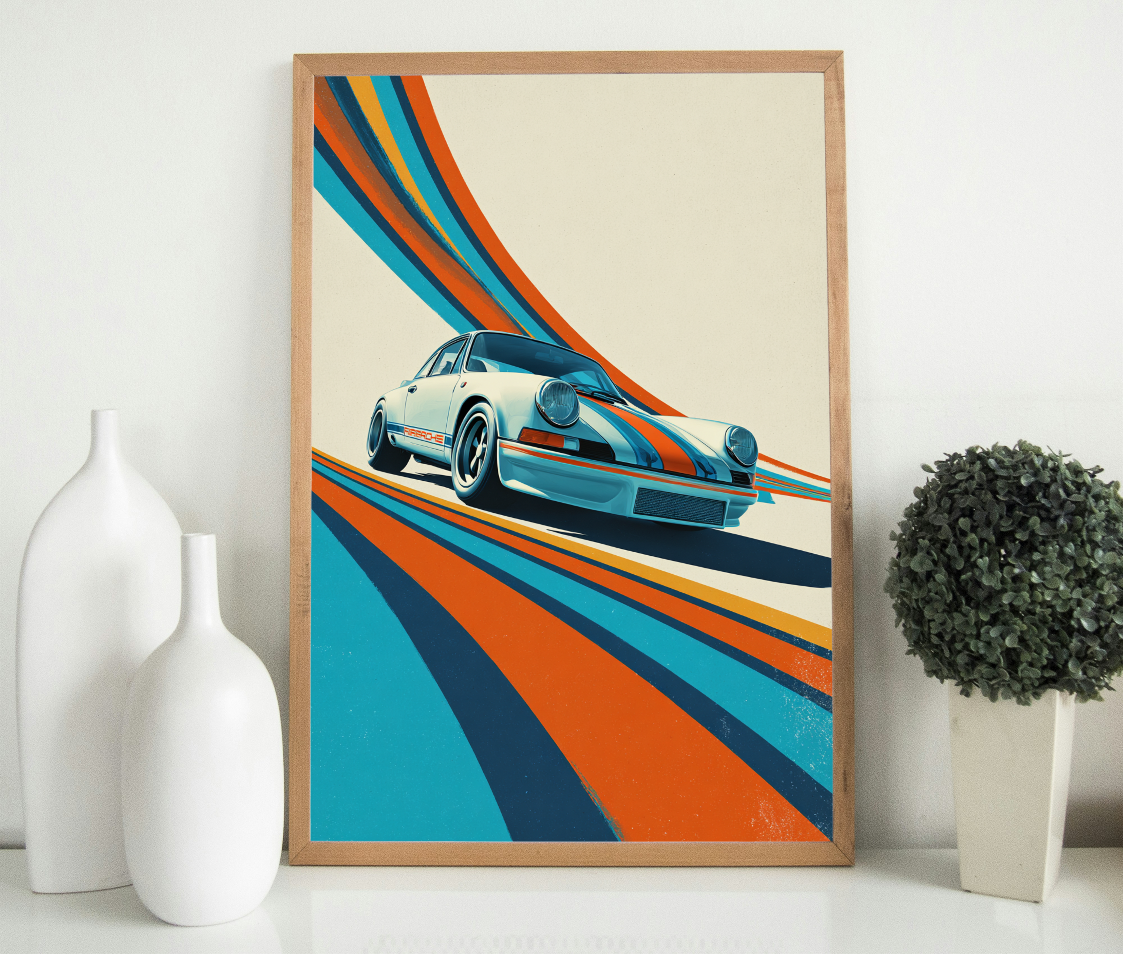 Retro Porsche 911 GT-3 art print detail, premium fine art poster, automotive wall decor