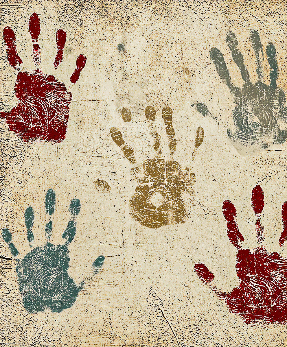 Fine art poster print - Handprints in primal cave art style, primitive wall decor