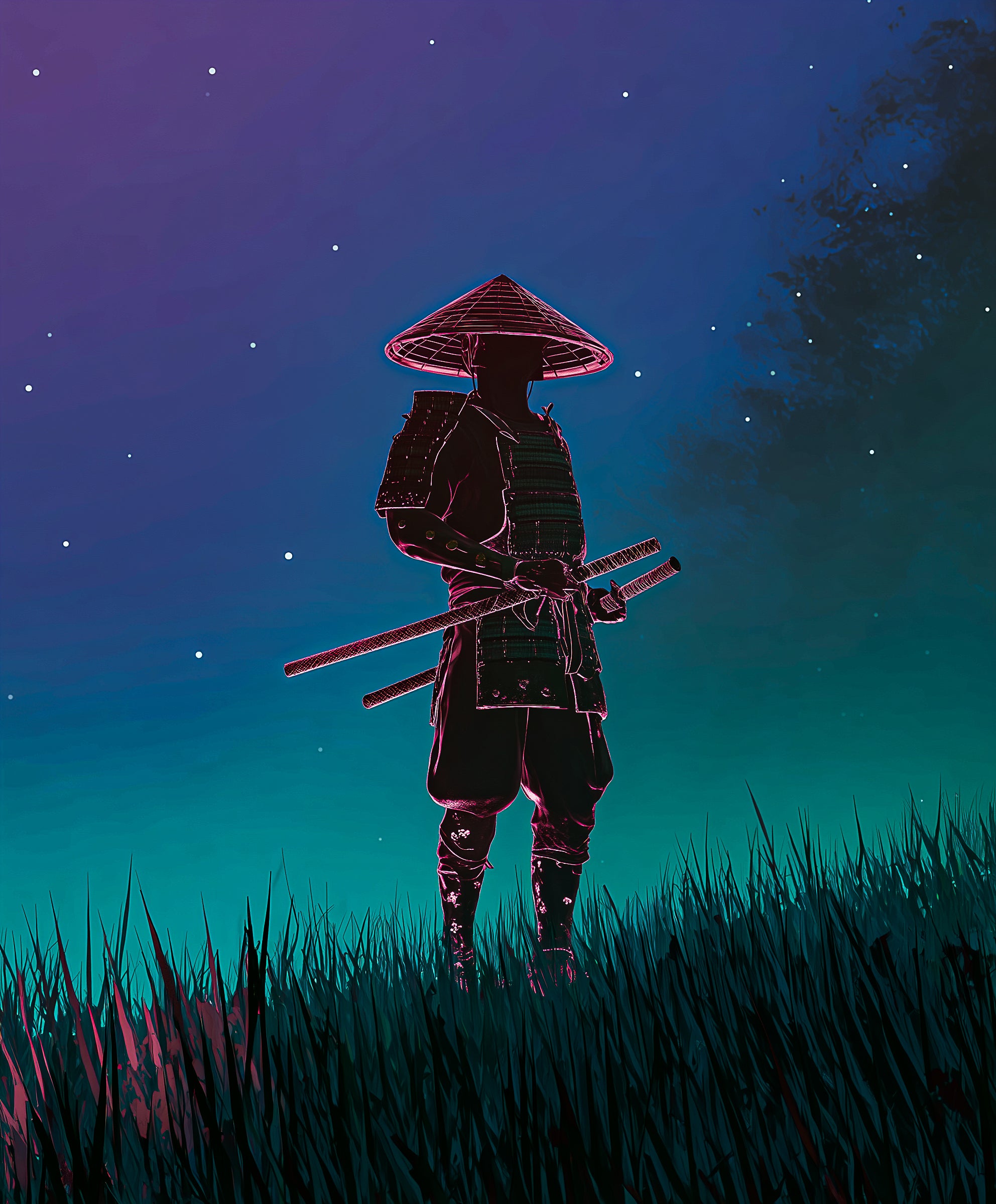 Fine art poster print - Samurai silhouette against starry night sky, dark aesthetic wall art