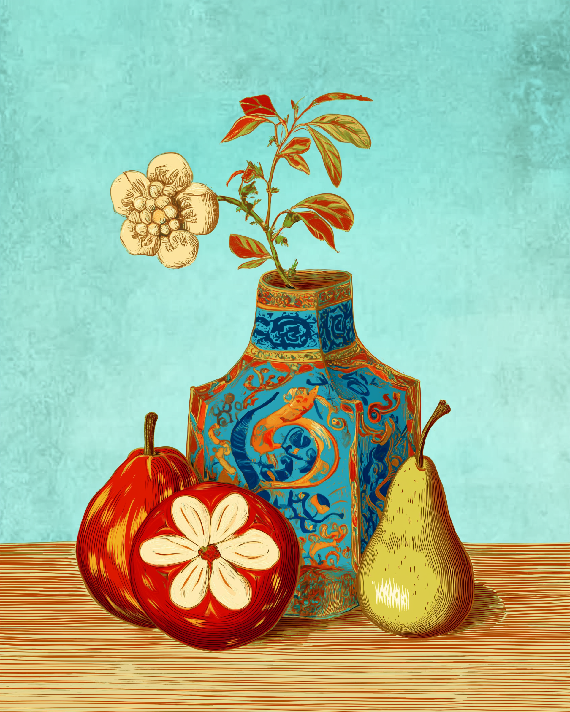 Fine art poster print - Stylized nature morte with vase and fruits, still life wall art