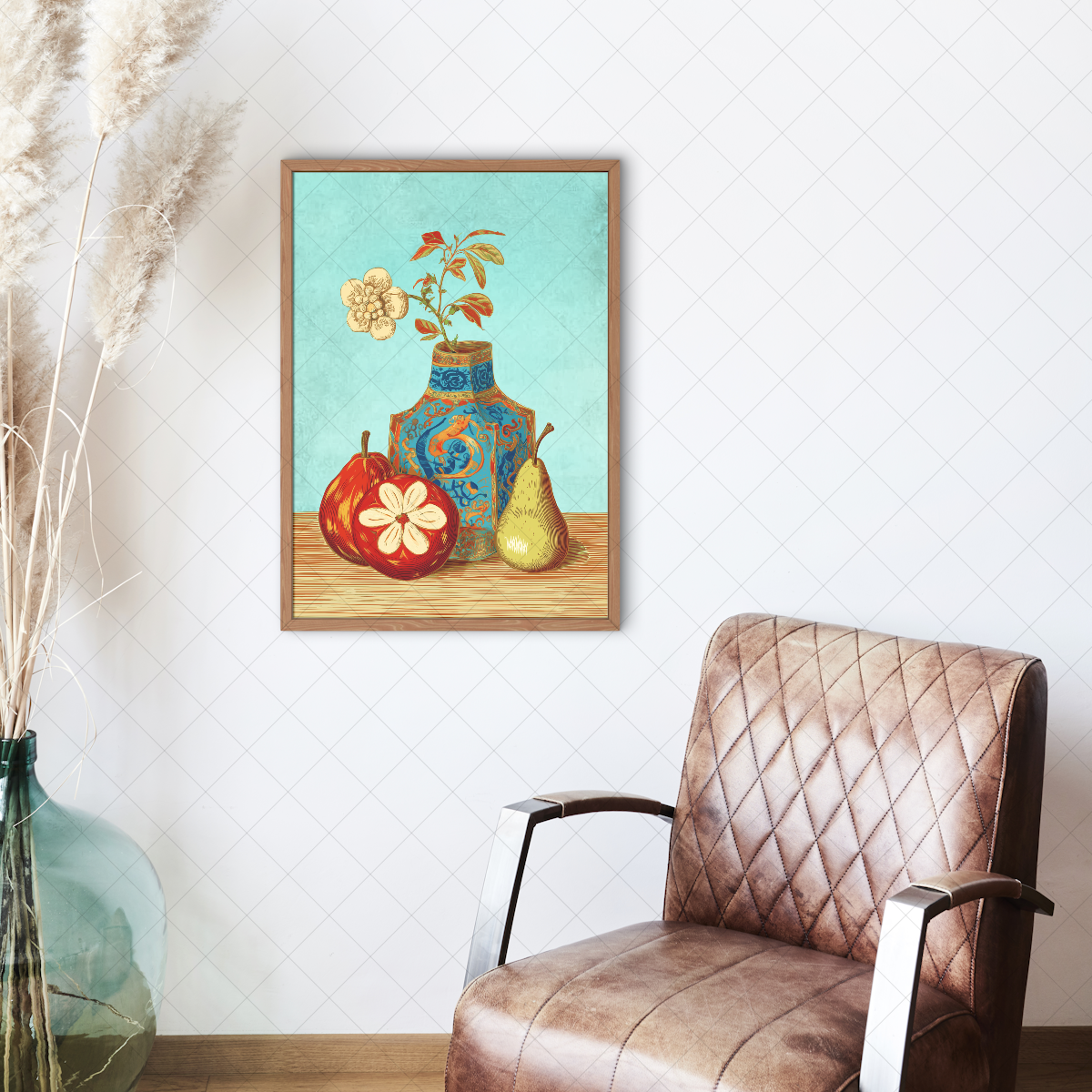 Nature morte vase and fruits art print detail, fine art poster, classic still life decor
