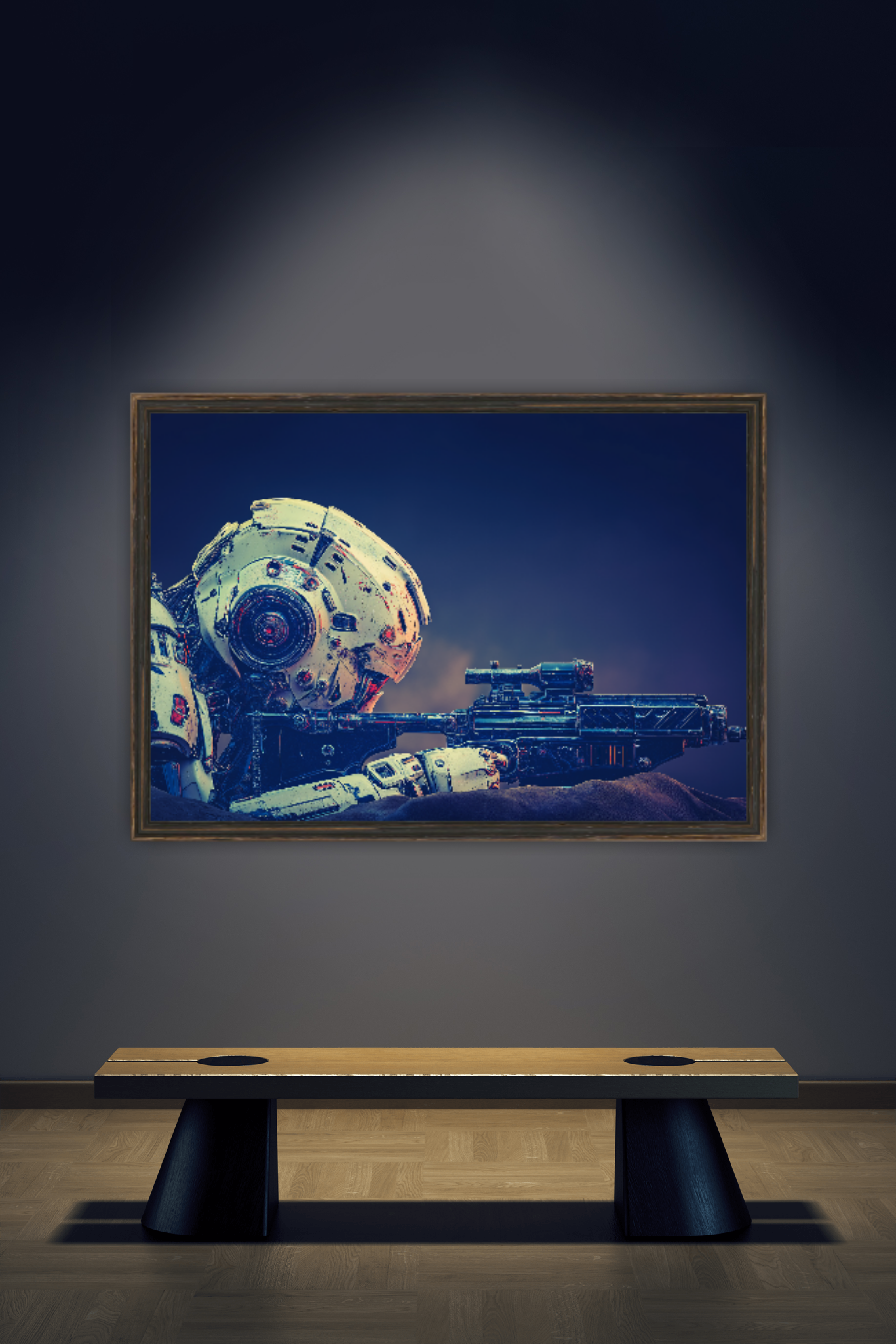 Futuristic Android Shooter — Retro Sci-Fi Poster Print
