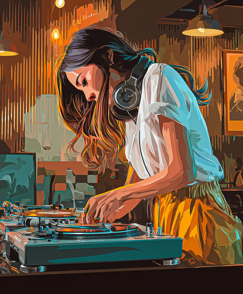 Fine art poster print - DJ girl performing, dynamic music scene wall art
