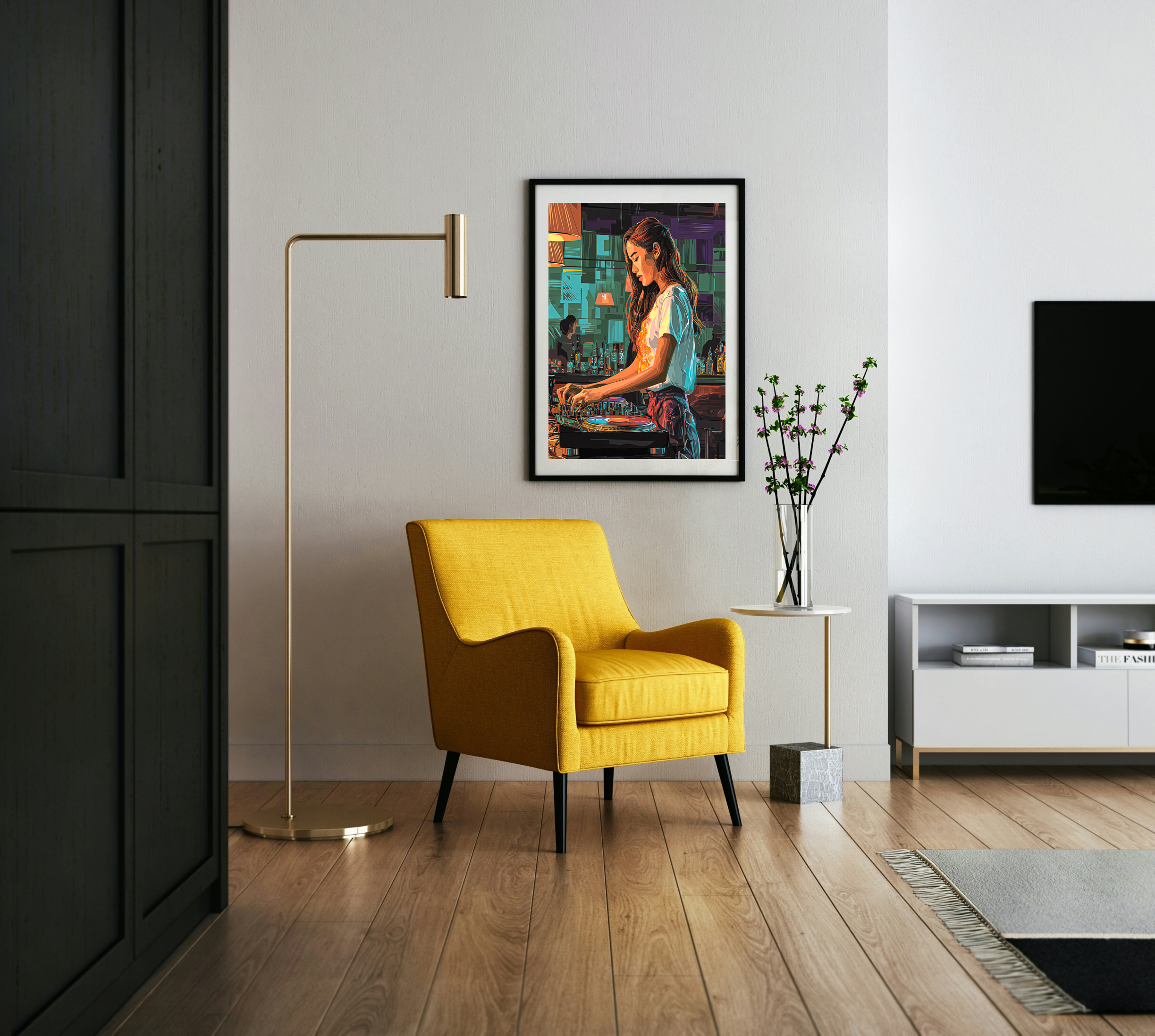 DJ girl city bar art print detail, fine art print for music lovers, wall decor