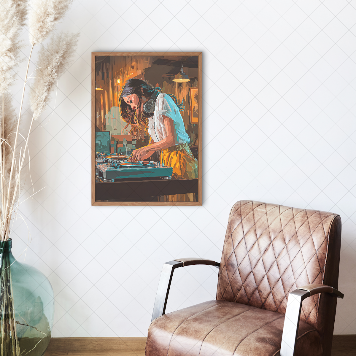 DJ girl performing art print detail, premium fine art poster, music wall decor