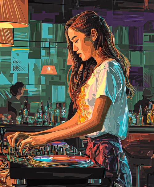 Fine art poster print - DJ girl performing in a city bar, urban music wall art